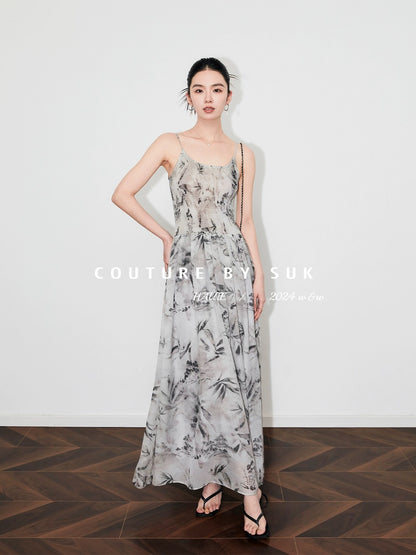 SUK ink-dyed summer charm! Chinese style ink panda print waist-cinching long suspender dress with wide swing