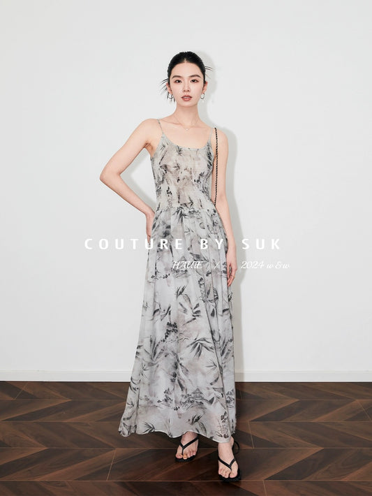 SUK ink-dyed summer charm! Chinese style ink panda print waist-cinching long suspender dress with wide swing