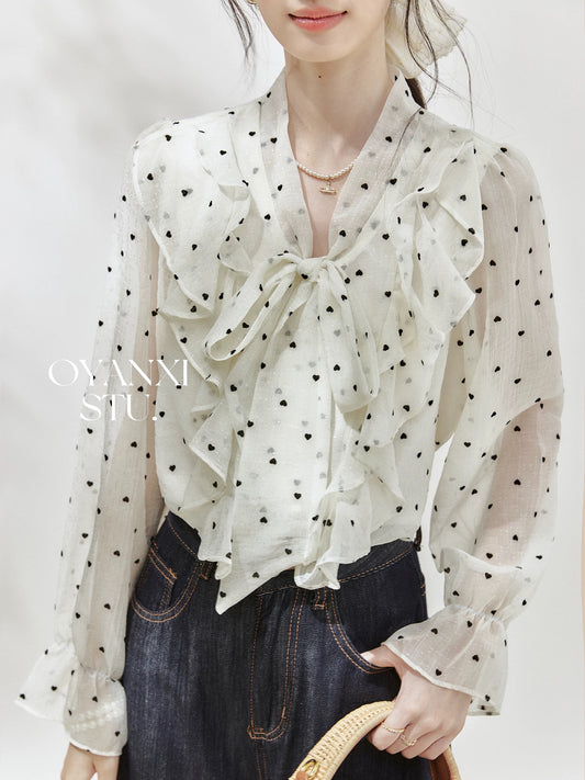 Ouyang Xi's "Exquisiteness" ruffled polka dot long-sleeved shirt autumn new loose bow top