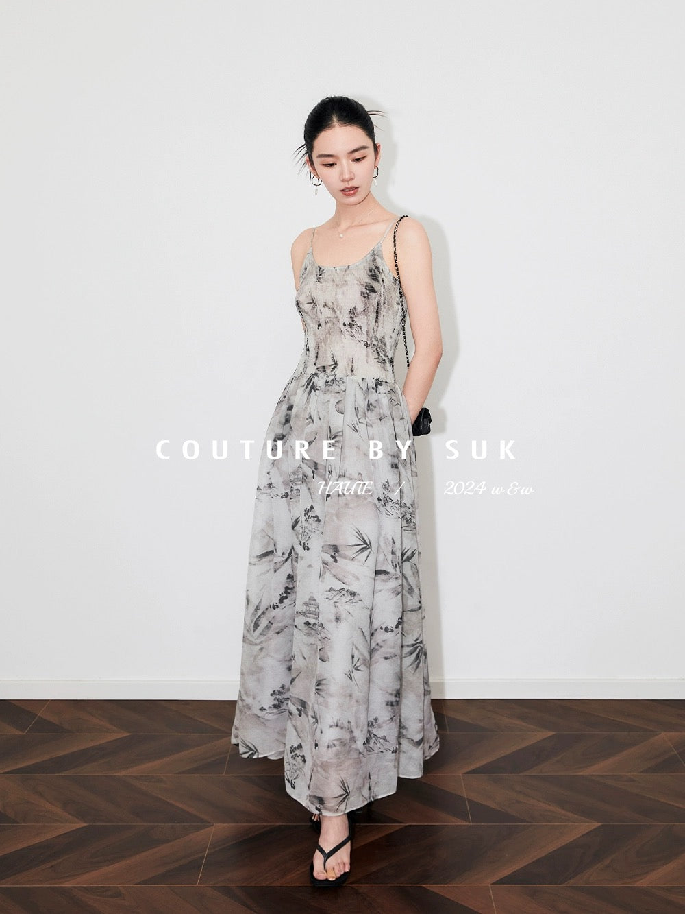SUK ink-dyed summer charm! Chinese style ink panda print waist-cinching long suspender dress with wide swing