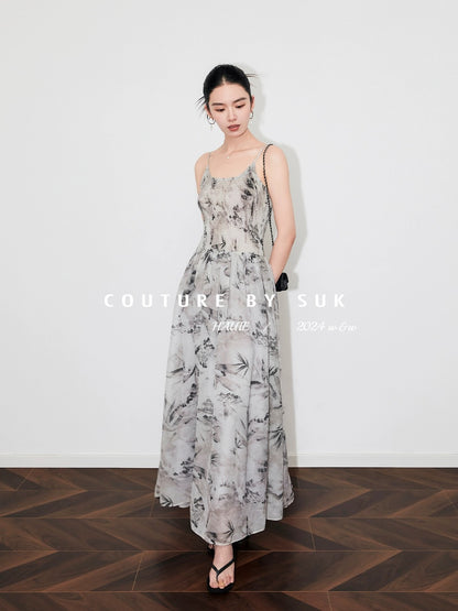 SUK ink-dyed summer charm! Chinese style ink panda print waist-cinching long suspender dress with wide swing