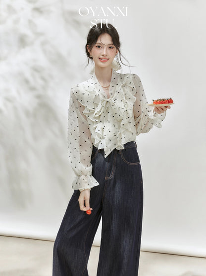 Ouyang Xi's "Exquisiteness" ruffled polka dot long-sleeved shirt autumn new loose bow top