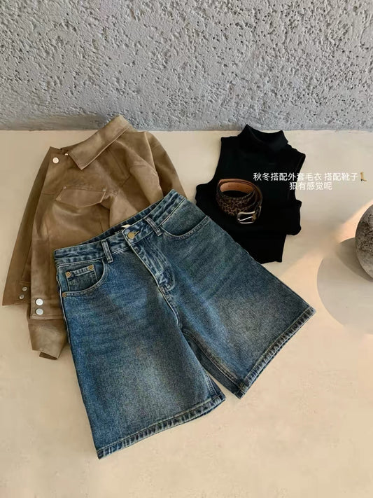WGWE Spring/Summer 2026 New Arrival: Women's American Retro High-Waisted Loose-Fit Straight-Leg Denim Bermuda Shorts (Flattering/Slimming)