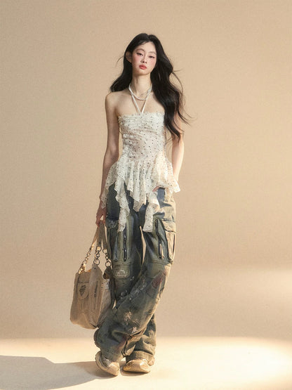 Shao Ye Yan Wan Shan Cha One-shoulder Korean style slightly transparent halter neck T-shirt female summer waist hot girl slim polka dot top