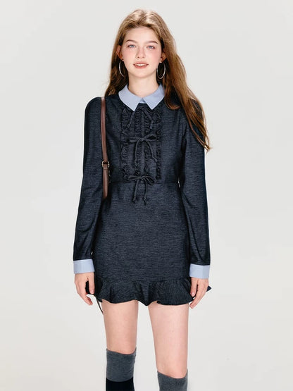 BOHOLBLING mint not cool miu style contrasting shirt collar bow tie earrings temperament waist dress