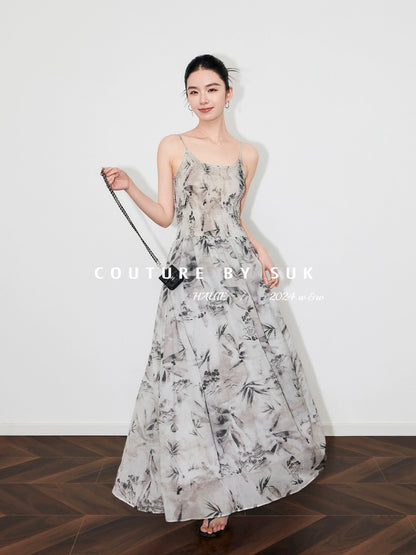 SUK ink-dyed summer charm! Chinese style ink panda print waist-cinching long suspender dress with wide swing