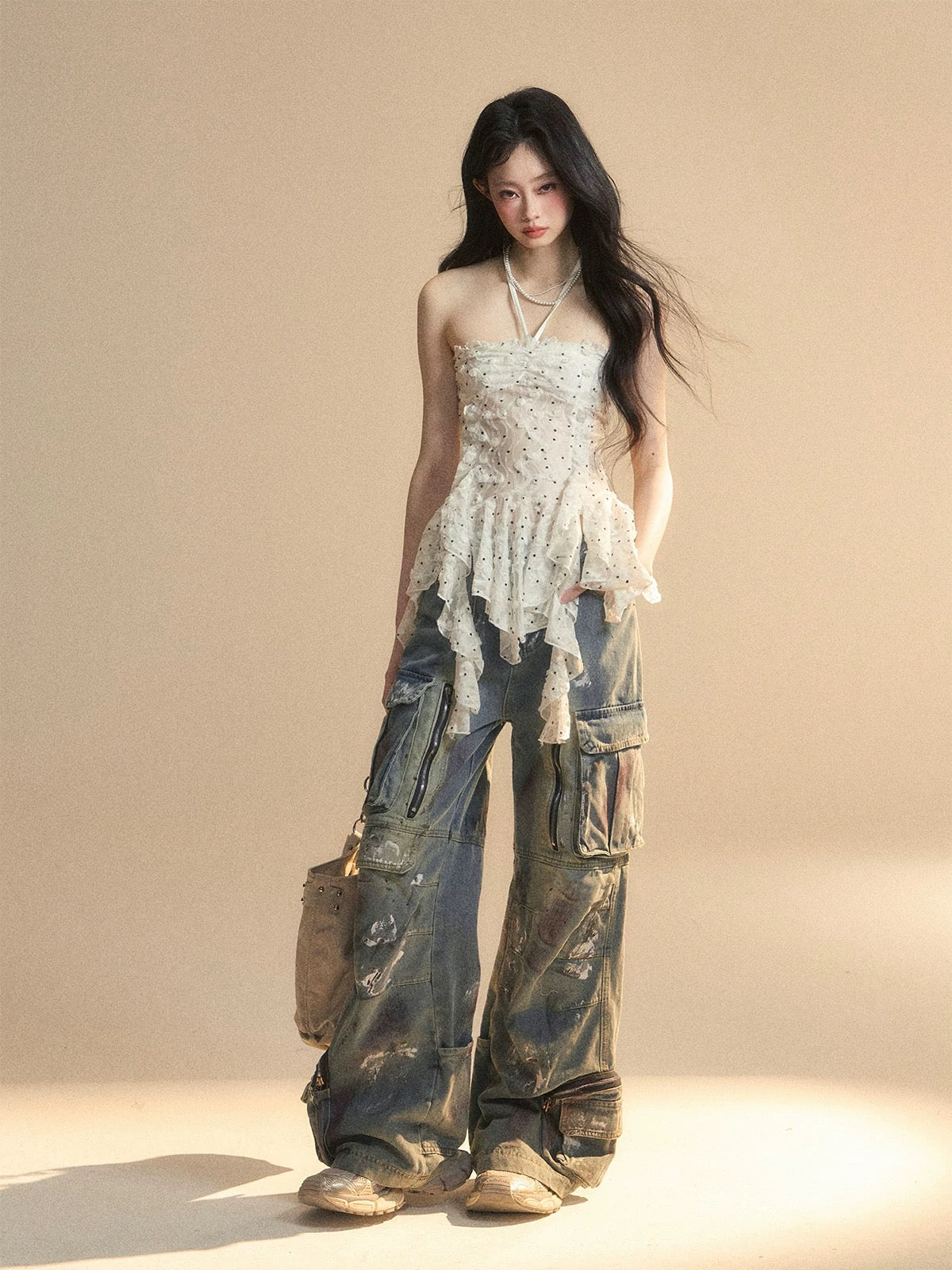 Shao Ye Yan Wan Shan Cha One-shoulder Korean style slightly transparent halter neck T-shirt female summer waist hot girl slim polka dot top
