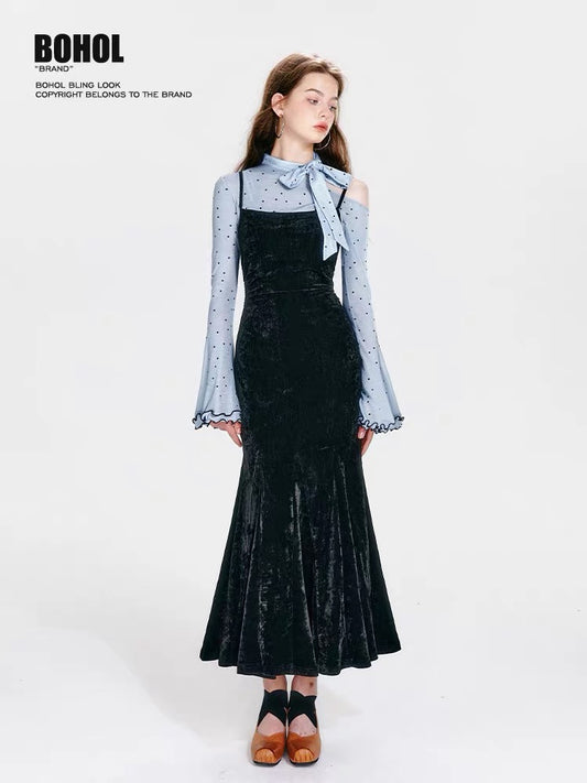 BOHOLBLING mint is not cool, rich off-shoulder velvet hip skirt, fake two-piece fishtail dress