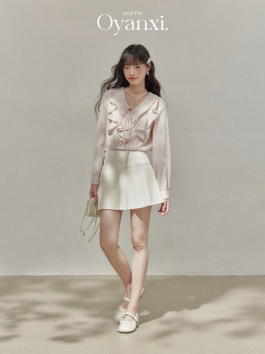 Ouyang Xi "Sweet Peach Afternoon Tea" French pink shirt women's early autumn women's clothing 2025 new ruffled top
