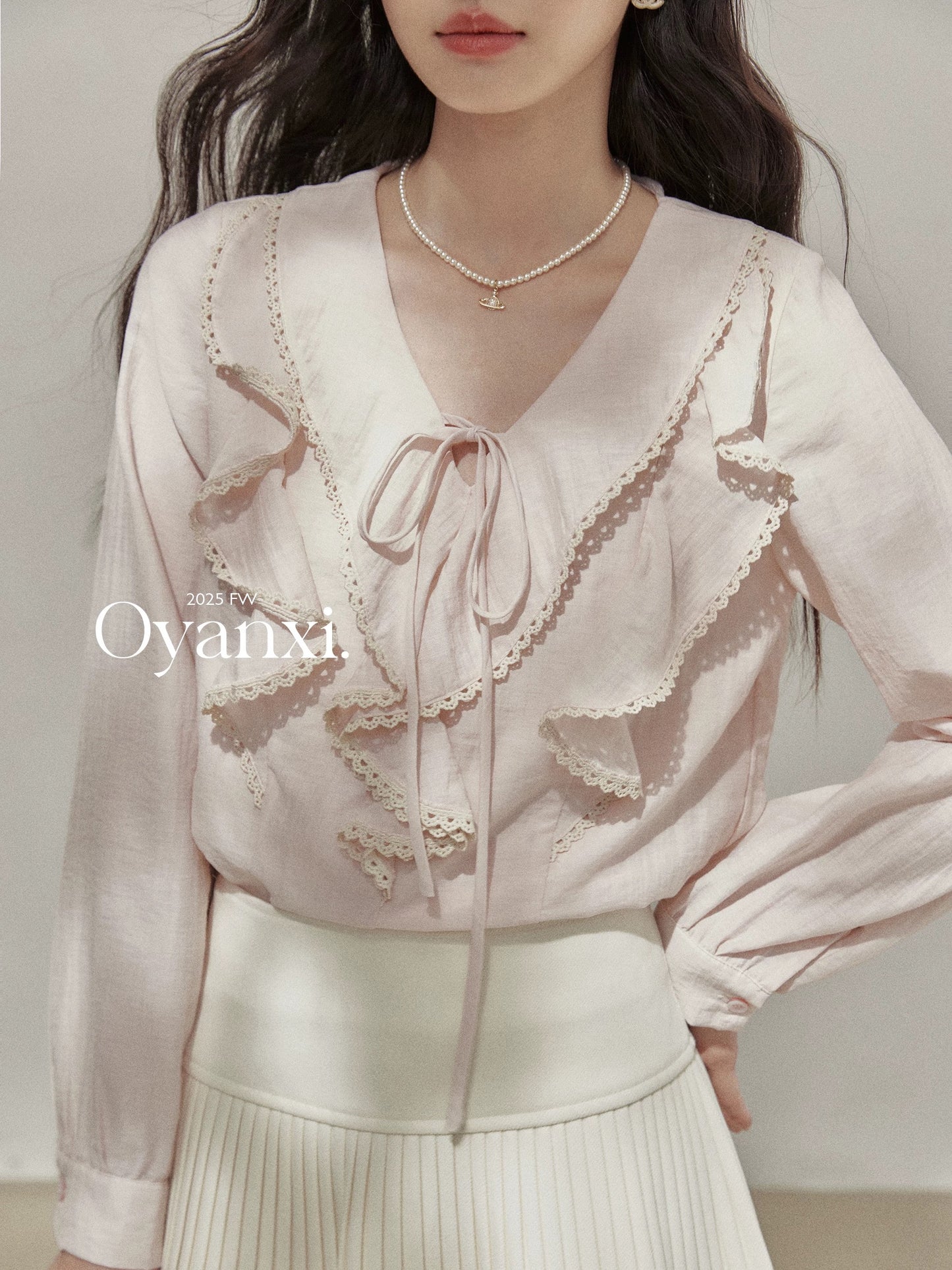 Ouyang Xi "Sweet Peach Afternoon Tea" French pink shirt women's early autumn women's clothing 2025 new ruffled top