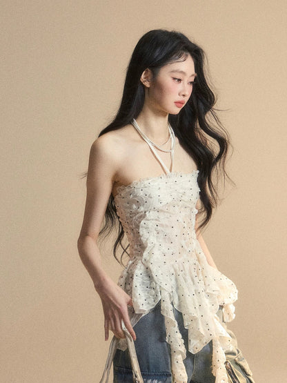 Shao Ye Yan Wan Shan Cha One-shoulder Korean style slightly transparent halter neck T-shirt female summer waist hot girl slim polka dot top