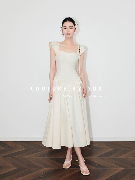 SUK French style 2024 new summer waist slimming white dress short sleeves this year's popular long skirt for women