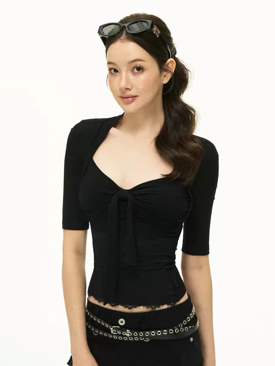 Ariseism American Retro Tie-Waist Lace-Up Mid-Sleeve T-Shirt Women's Summer New Slim Fit Top