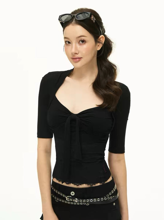 Ariseism American Retro Tie-Waist Lace-Up Mid-Sleeve T-Shirt Women's Summer New Slim Fit Top
