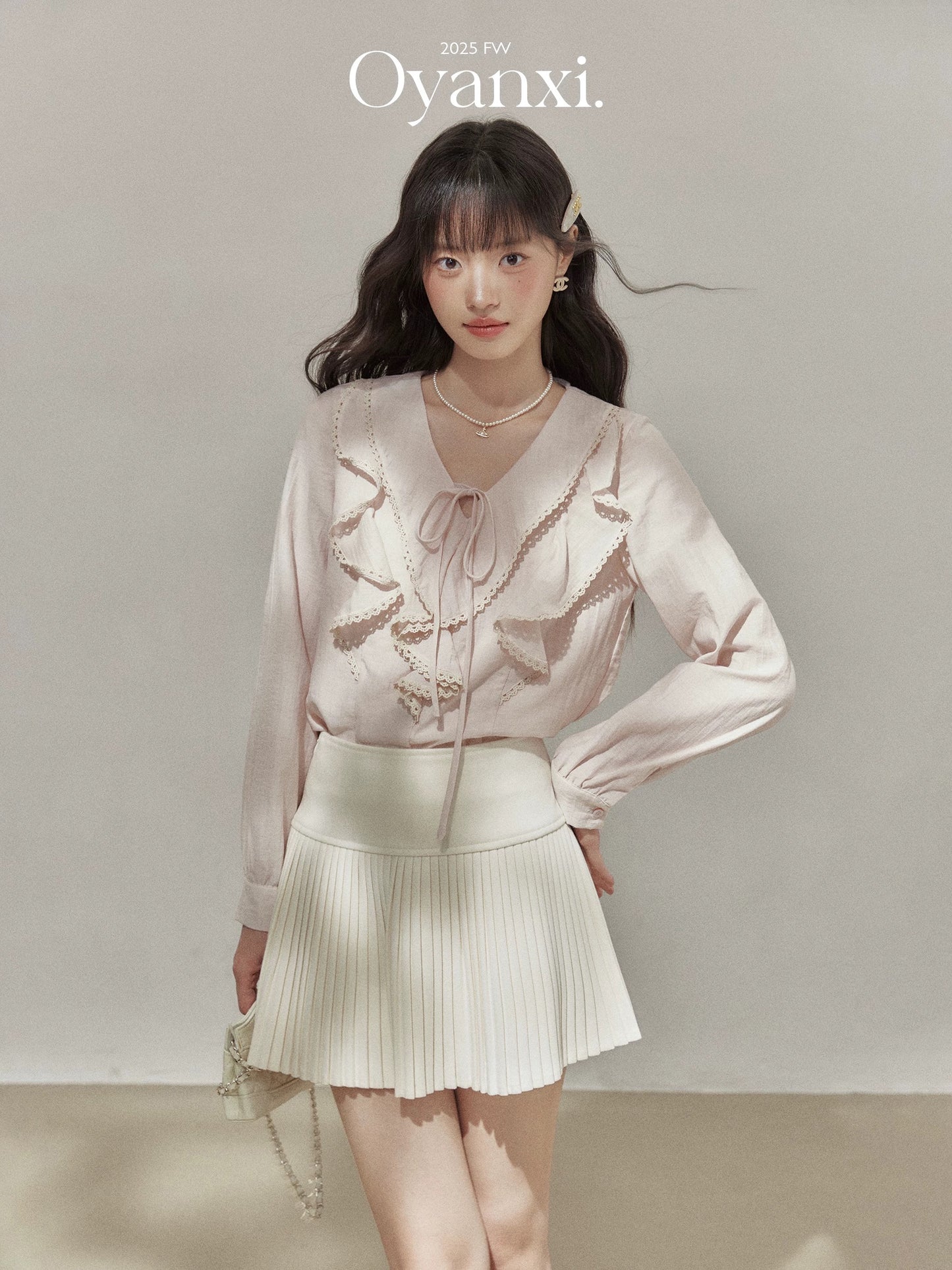 Ouyang Xi "Sweet Peach Afternoon Tea" French pink shirt women's early autumn women's clothing 2025 new ruffled top