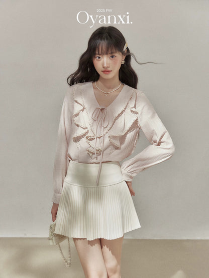 Ouyang Xi "Sweet Peach Afternoon Tea" French pink shirt women's early autumn women's clothing 2025 new ruffled top