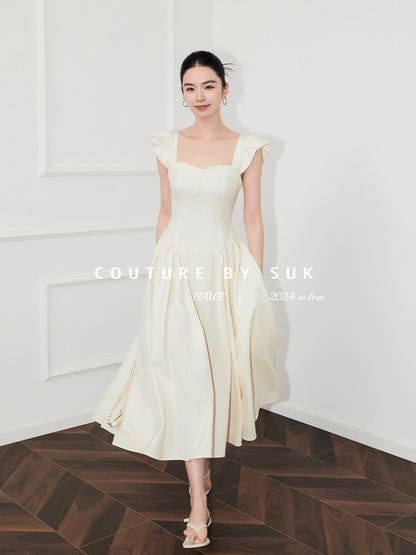 SUK French style 2024 new summer waist slimming white dress short sleeves this year's popular long skirt for women