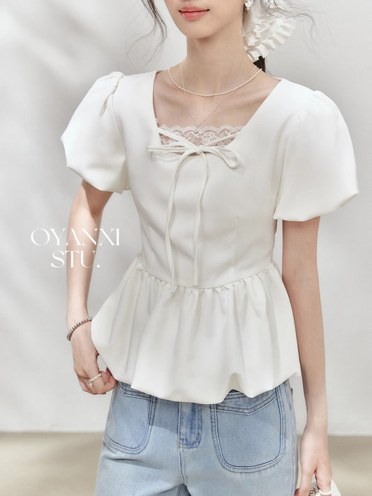 Ouyang Xi's "Cold Rain Rose" white bud sleeve lace stitching lace top simple temperament T-shirt for women