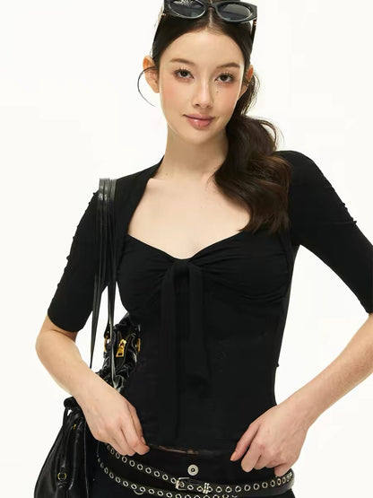 Ariseism American Retro Tie-Waist Lace-Up Mid-Sleeve T-Shirt Women's Summer New Slim Fit Top