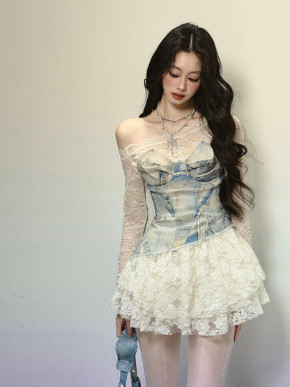 Young and beautiful Vivian French lace splicing off-shoulder dress for women in spring and summer denim tutu skirt