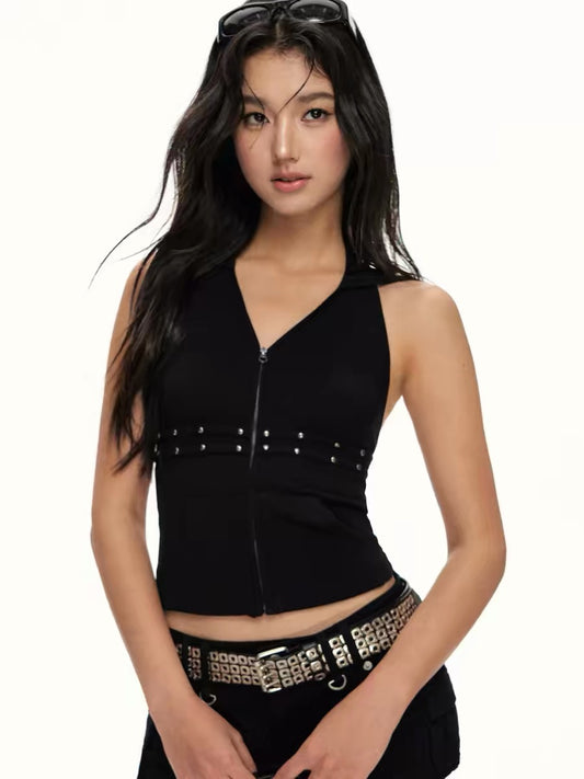 Ariseism American Retro Rhinestone Halter Neck Hooded Vest for Women, New Summer Style, Slim Fit Top