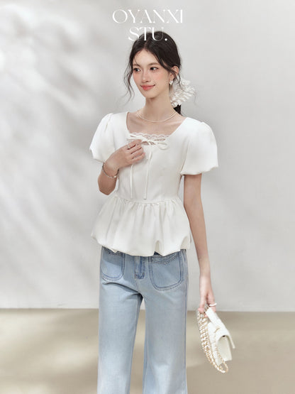 Ouyang Xi's "Cold Rain Rose" white bud sleeve lace stitching lace top simple temperament T-shirt for women