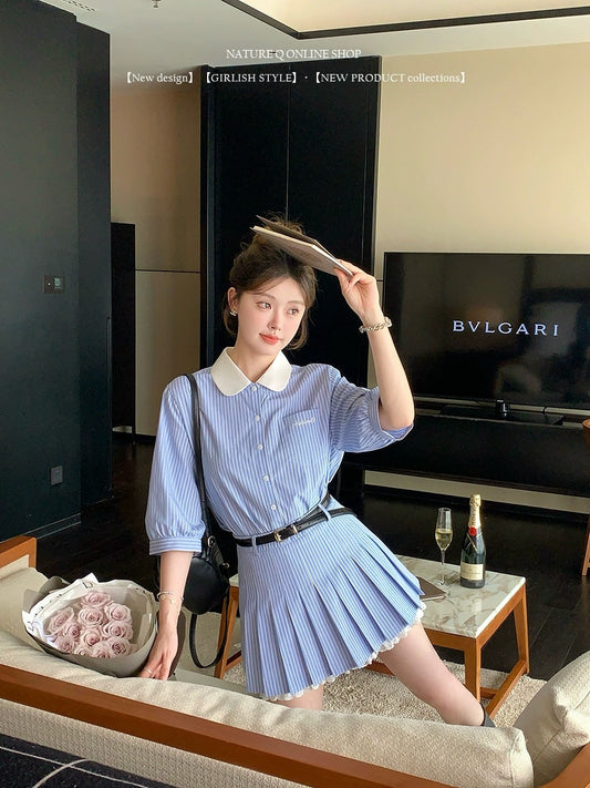 Yang Xiaojuan MIU intellectual college style blue and white striped shirt suit skirt doll collar top/skirt