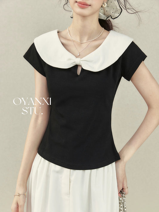 Ouyang Xi's "Audrey Hepburn's Past" contrast color doll collar short-sleeved T-shirt for women in summer college style black straight shoulder top