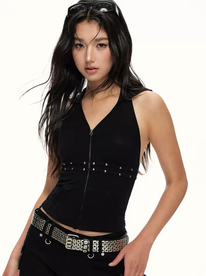 Ariseism American Retro Rhinestone Halter Neck Hooded Vest for Women, New Summer Style, Slim Fit Top