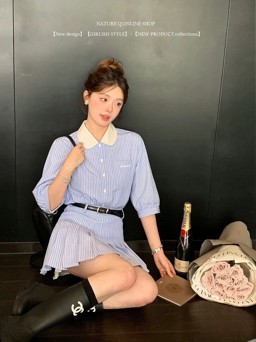 Yang Xiaojuan MIU intellectual college style blue and white striped shirt suit skirt doll collar top/skirt