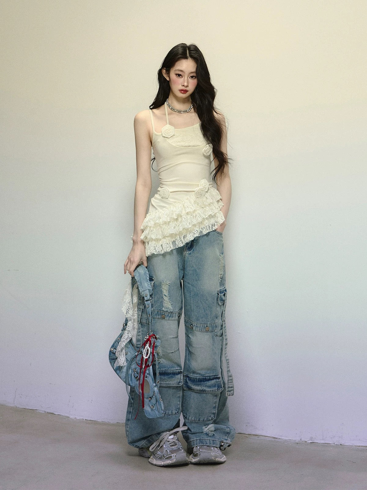 Shao Ye Yan Lily Milk One-shoulder lace suspender T-shirt female summer knitted splicing hot girl slim top