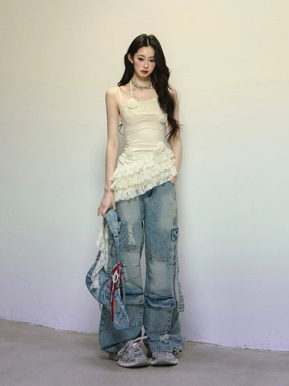Shao Ye Yan Lily Milk One-shoulder lace suspender T-shirt female summer knitted splicing hot girl slim top