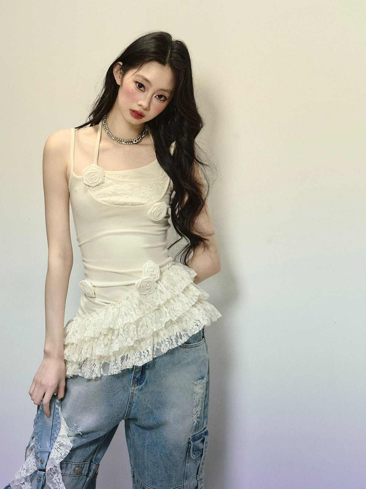 Shao Ye Yan Lily Milk One-shoulder lace suspender T-shirt female summer knitted splicing hot girl slim top