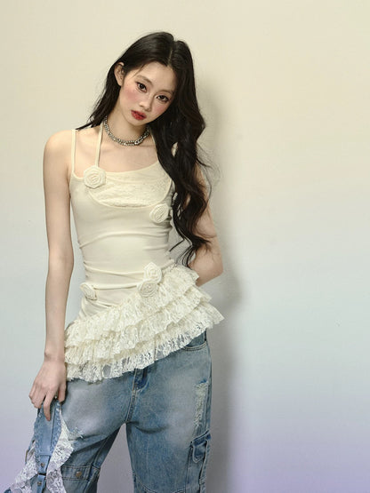 Shao Ye Yan Lily Milk One-shoulder lace suspender T-shirt female summer knitted splicing hot girl slim top