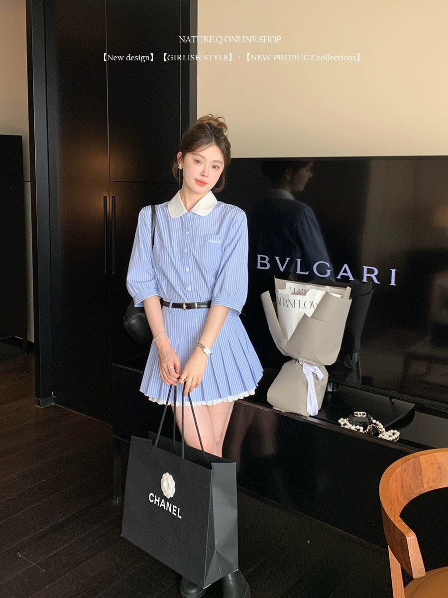 Yang Xiaojuan MIU intellectual college style blue and white striped shirt suit skirt doll collar top/skirt