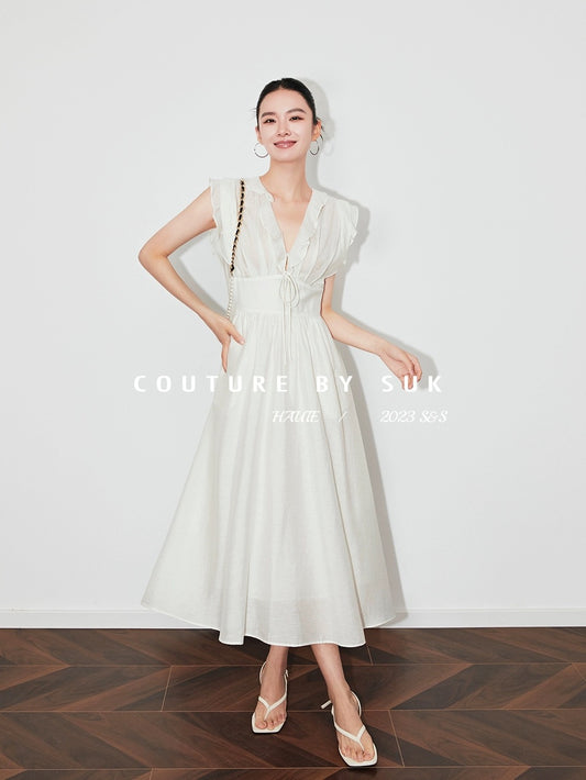 SUK White Gardenia! 2024 New Summer Dress Women's White Mid-Length V-Neck Sleeveless Resort Style Skirt