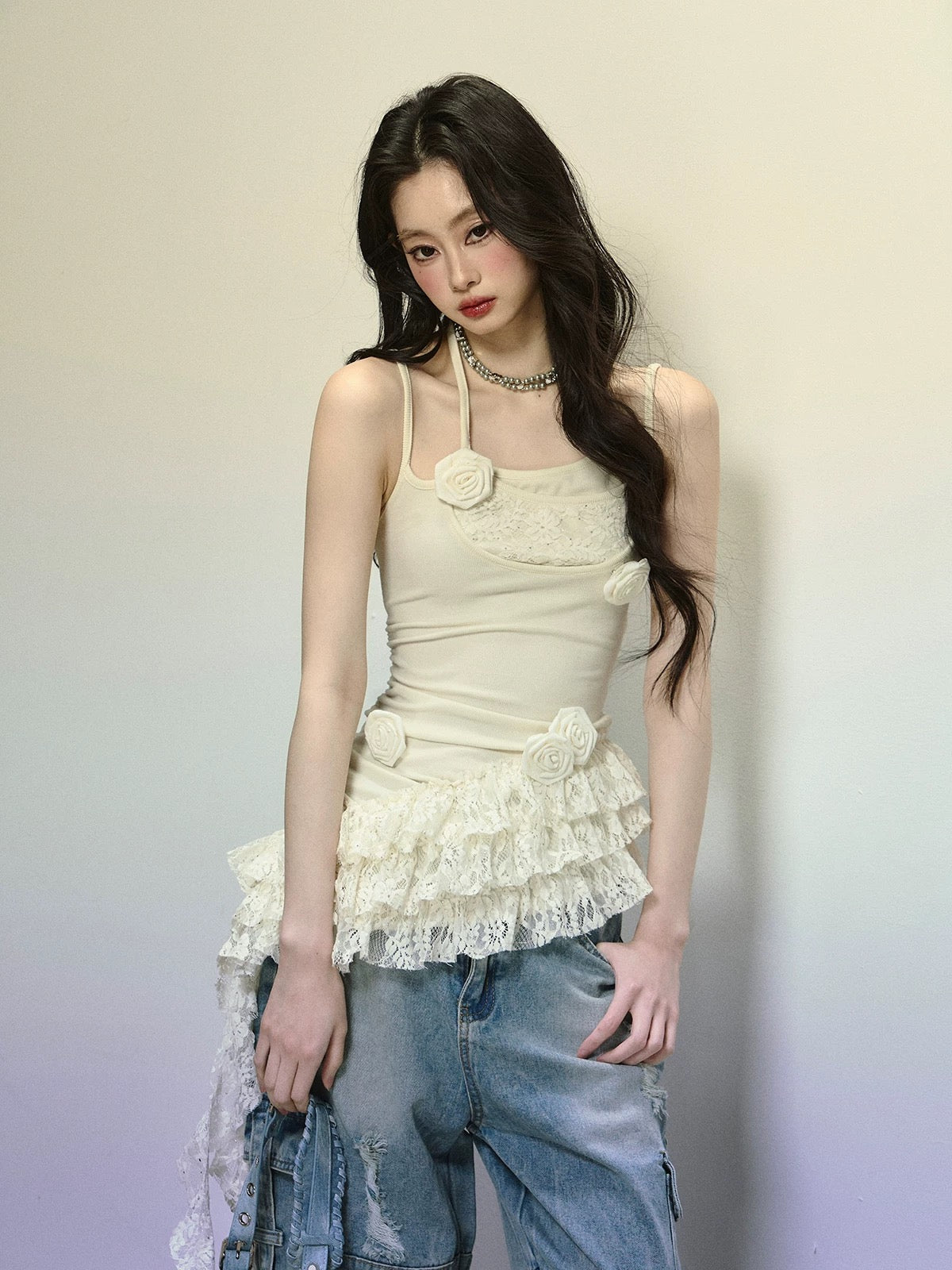 Shao Ye Yan Lily Milk One-shoulder lace suspender T-shirt female summer knitted splicing hot girl slim top