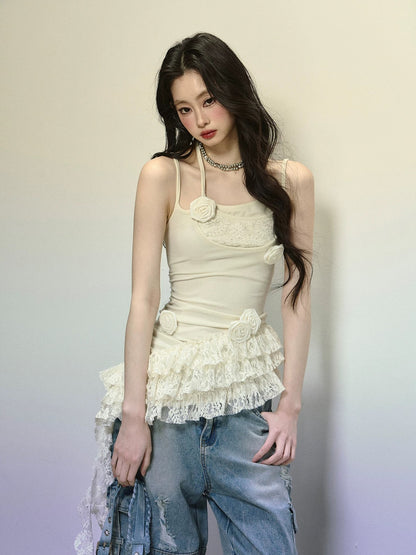 Shao Ye Yan Lily Milk One-shoulder lace suspender T-shirt female summer knitted splicing hot girl slim top