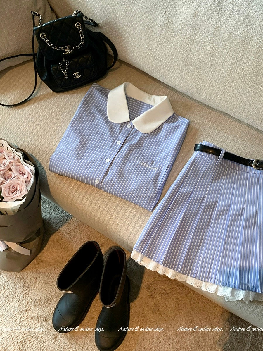 Yang Xiaojuan MIU intellectual college style blue and white striped shirt suit skirt doll collar top/skirt