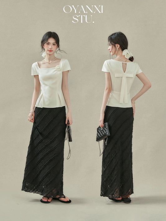 Ouyang Xi "Pearl Rose Gloss" square collar straight shoulder knitted short-sleeved T-shirt women's summer French waist top