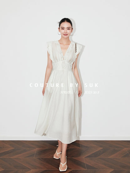 SUK White Gardenia! 2024 New Summer Dress Women's White Mid-Length V-Neck Sleeveless Resort Style Skirt