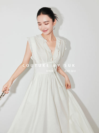 SUK White Gardenia! 2024 New Summer Dress Women's White Mid-Length V-Neck Sleeveless Resort Style Skirt