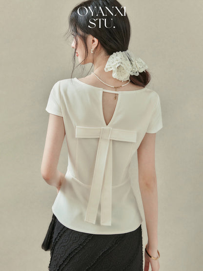 Ouyang Xi "Pearl Rose Gloss" square collar straight shoulder knitted short-sleeved T-shirt women's summer French waist top