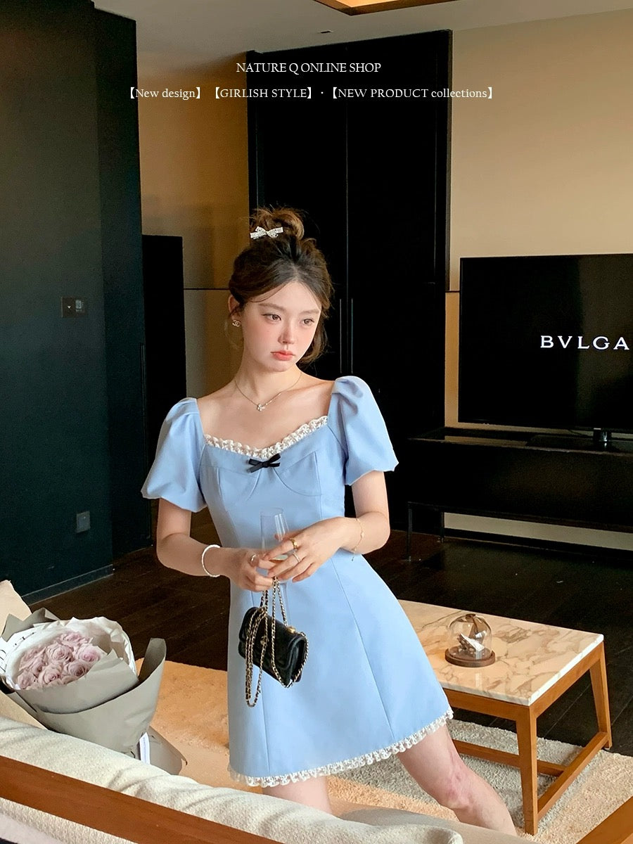 Yang Xiaojuan French miu style square neck baby blue dress lace lace sweet girly commuting skirt