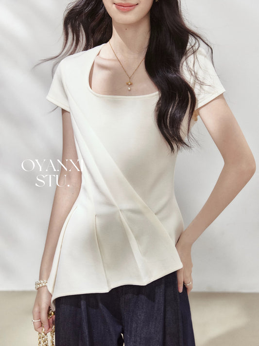 Ouyang Xi's "Twirling Ballet" square collar irregular ruffled waist short-sleeved T-shirt for women in summer apricot top