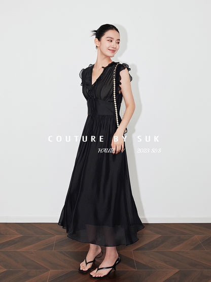 SUK White Gardenia! 2024 New Summer Dress Women's White Mid-Length V-Neck Sleeveless Resort Style Skirt