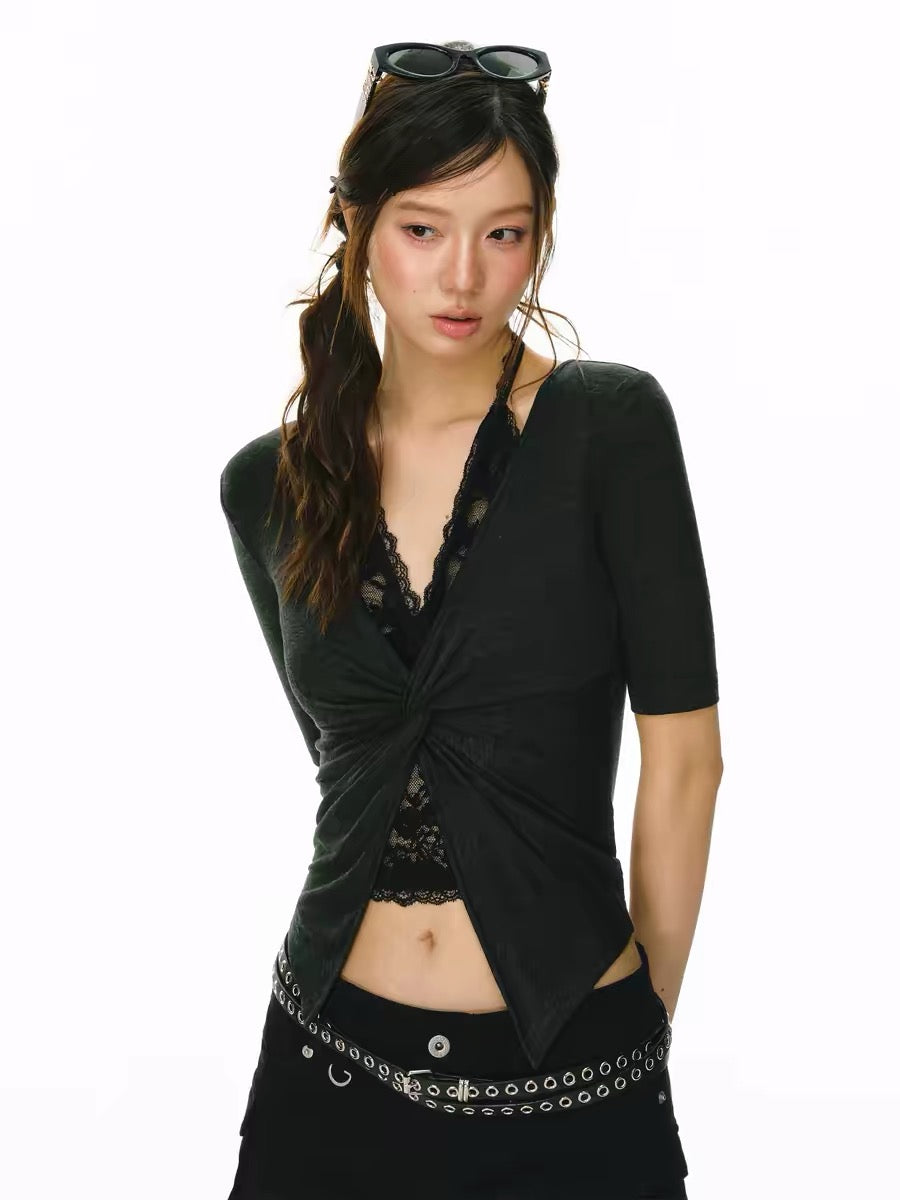 Ariseism American Retro Faux Two-Piece Lace Mid-Sleeve T-Shirt Women's Summer New Slim Fit Top