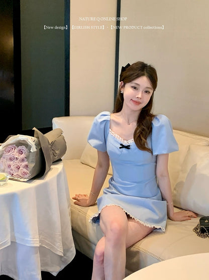 Yang Xiaojuan French miu style square neck baby blue dress lace lace sweet girly commuting skirt