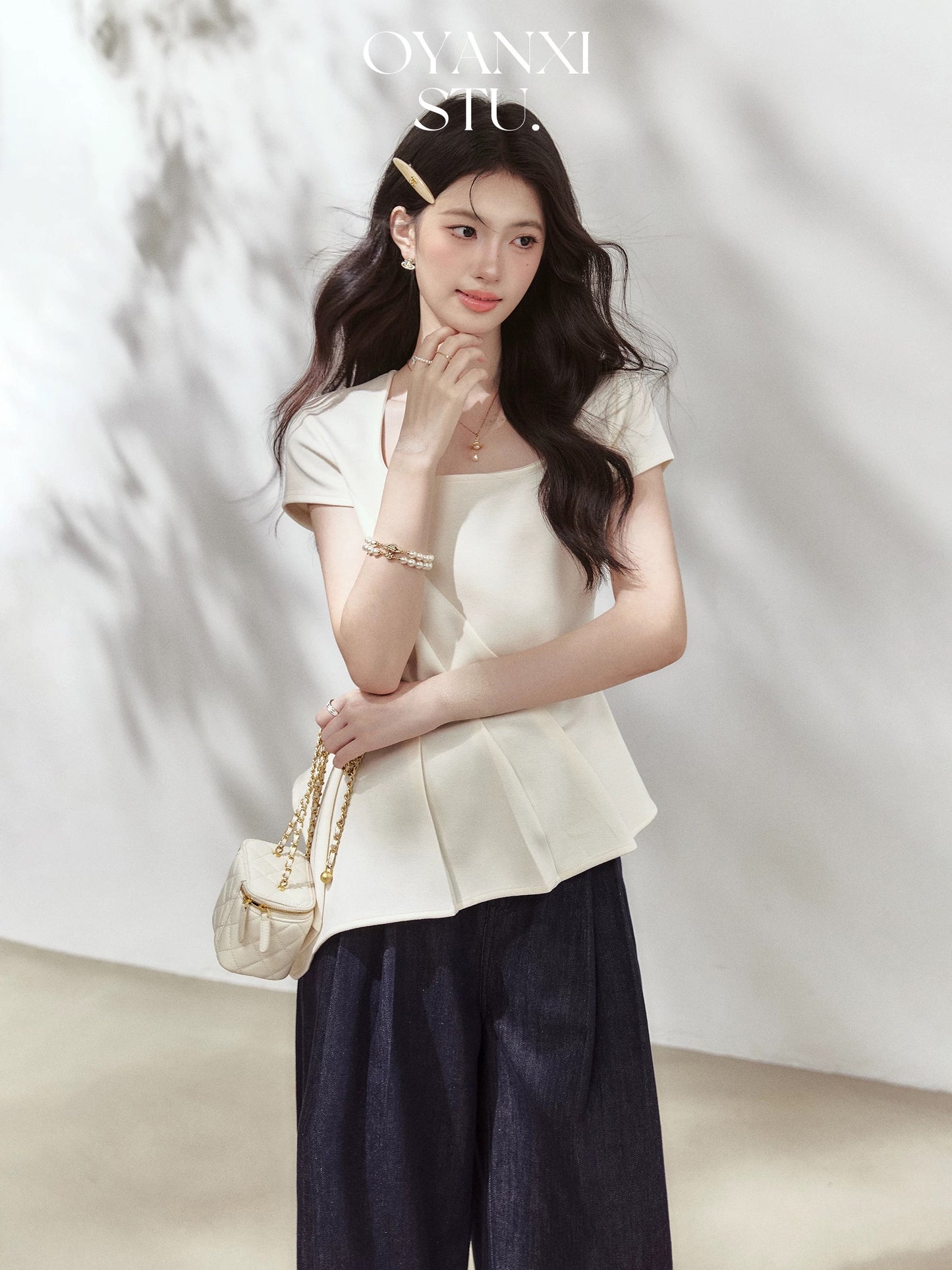 Ouyang Xi's "Twirling Ballet" square collar irregular ruffled waist short-sleeved T-shirt for women in summer apricot top