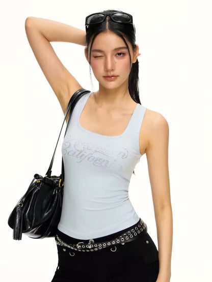 Ariseism American Retro Letter Rhinestone Tank Top for Women, New Summer Style, Slim Fit, Wearable Outerwear